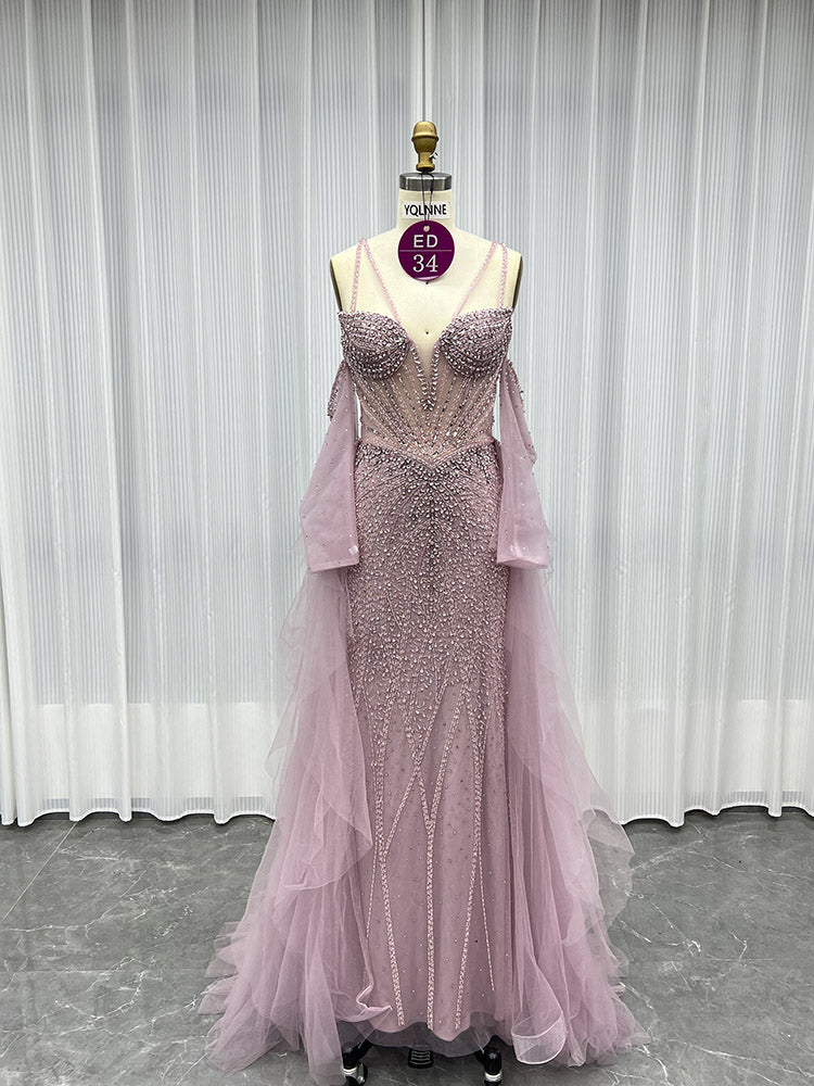 YQLNNE ED034 Red Rhinestones Mermaid Evening Dress Party Gown