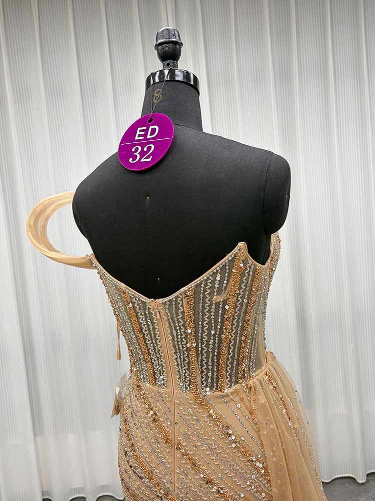 YQLNNE ED032 Luxury Gold One Shoulder Rhinestones Evening Dresses Rhinestones Mermaid Detachable Train