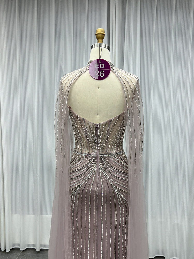 YQLNNE ED026 Silver Crystals Long Evening Dress Mermaid With Shawl