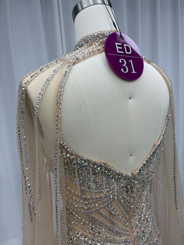YQLNNE ED031 Gold Crystals Beaded Evening Dress With Shawl