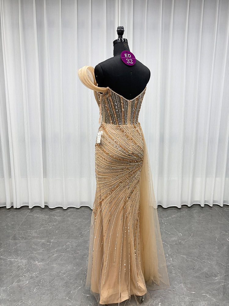 YQLNNE ED032 Luxury Gold One Shoulder Rhinestones Evening Dresses Rhinestones Mermaid Detachable Train
