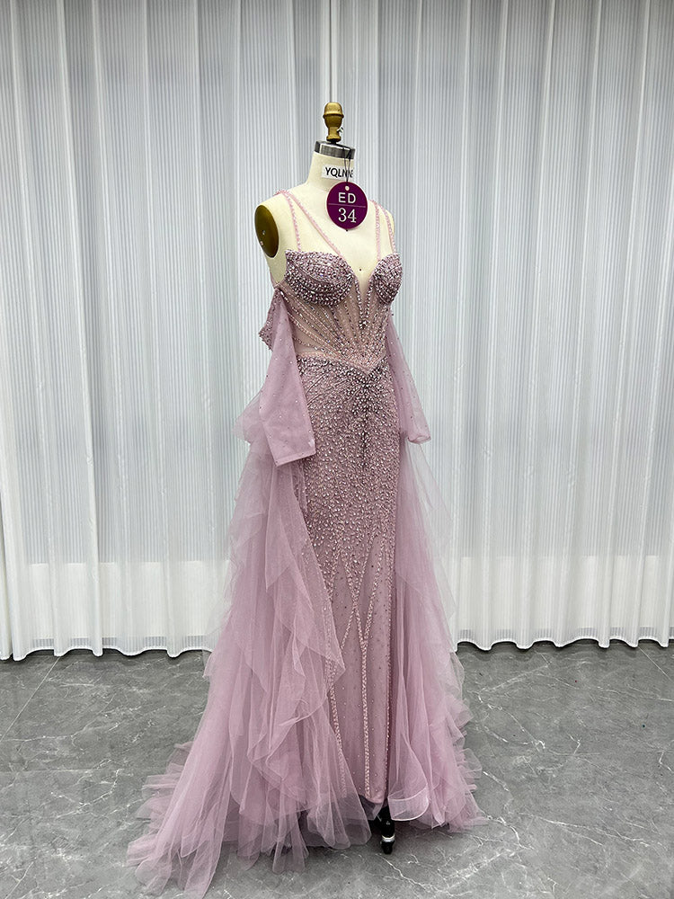 YQLNNE ED034 Red Rhinestones Mermaid Evening Dress Party Gown