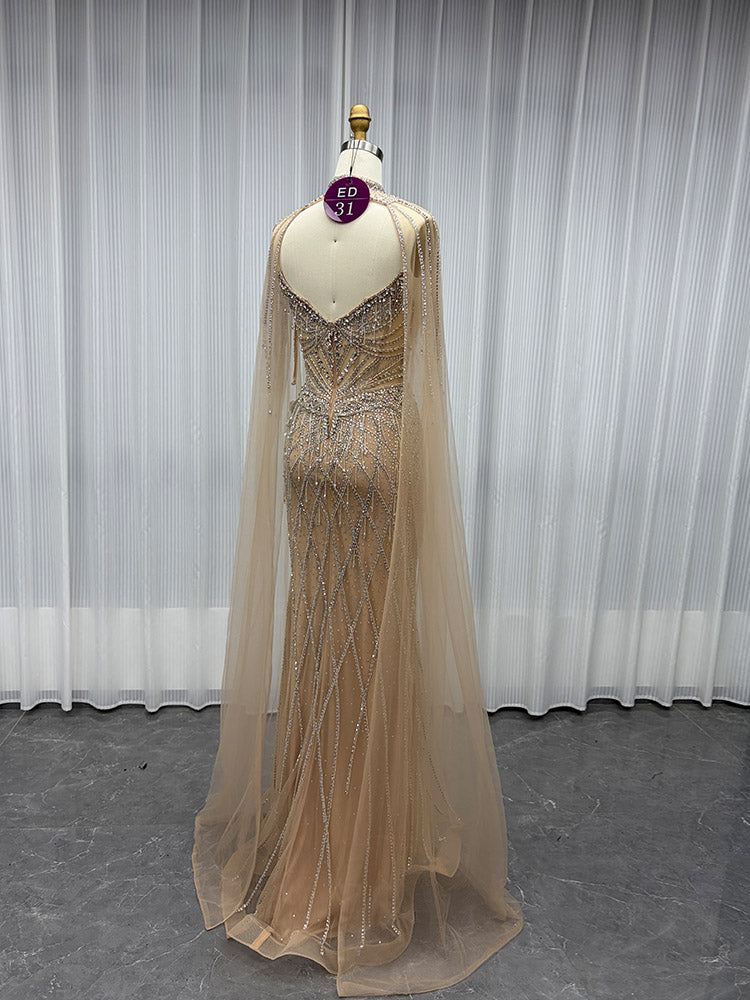 YQLNNE ED031 Gold Crystals Beaded Evening Dress With Shawl