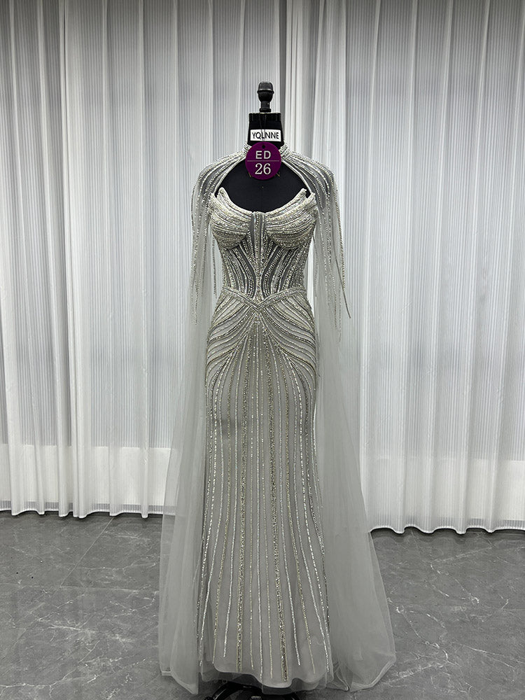 YQLNNE ED026 Silver Crystals Long Evening Dress Mermaid With Shawl