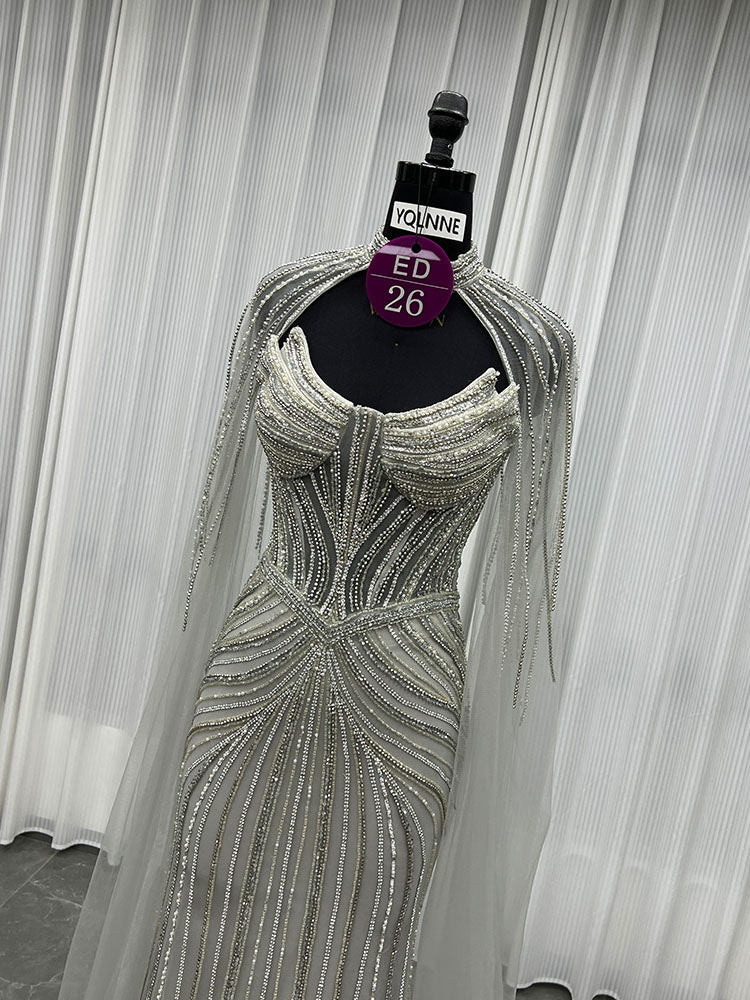 YQLNNE ED026 Silver Crystals Long Evening Dress Mermaid With Shawl