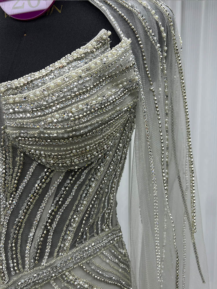 YQLNNE ED026 Silver Crystals Long Evening Dress Mermaid With Shawl
