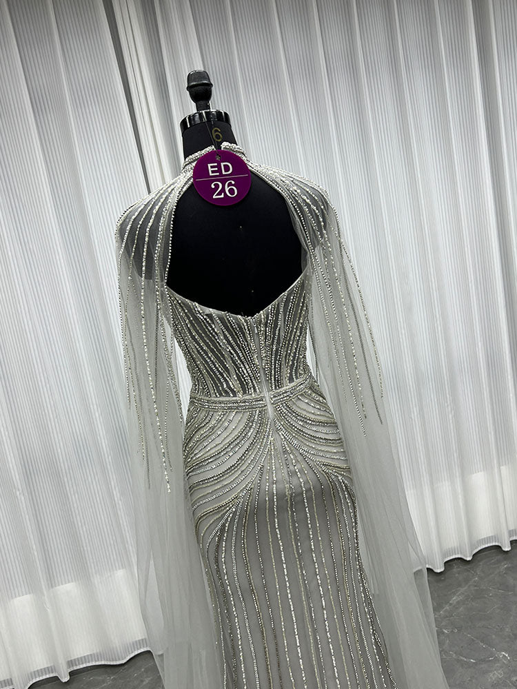 YQLNNE ED026 Silver Crystals Long Evening Dress Mermaid With Shawl