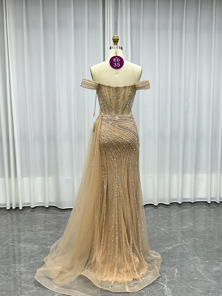 YQLNNE ED035 Pink Off Shoulder Crystals Evening Dress Mermaid With Detachable Train