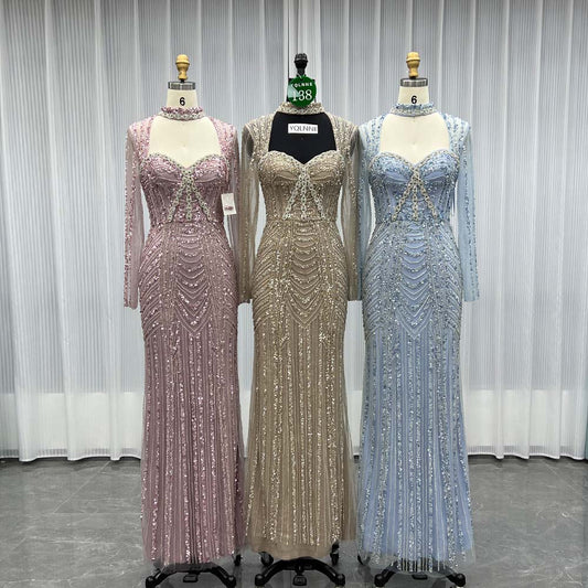 YQLNNE 0138 Pink Long Sleeves Evening Dress Handmade Heavy Crystals Beaded