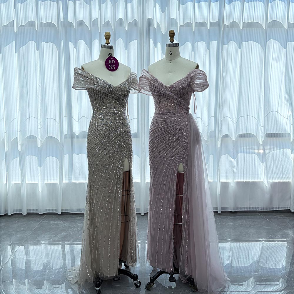YQLNNE ED035 Off Shoulder Handmade Beaded Evening Dress Mermaid With Slit