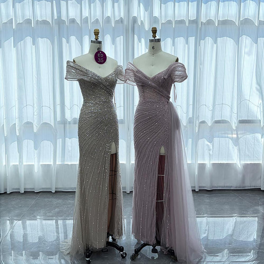 YQLNNE ED035 Off Shoulder Handmade Beaded Evening Dress Mermaid With Slit