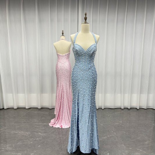 YQLNNE PD13 Sky Blue Crystals Pearls Long Prom Dresses Mermaid