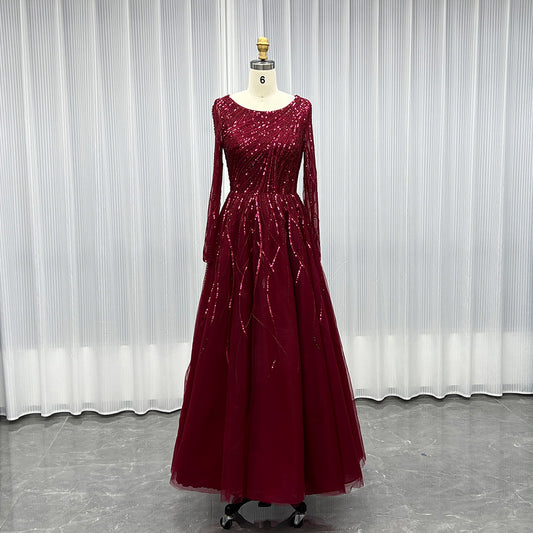 YQLNNE Modest Wine Red Handmade Beaded Evening Party Gown