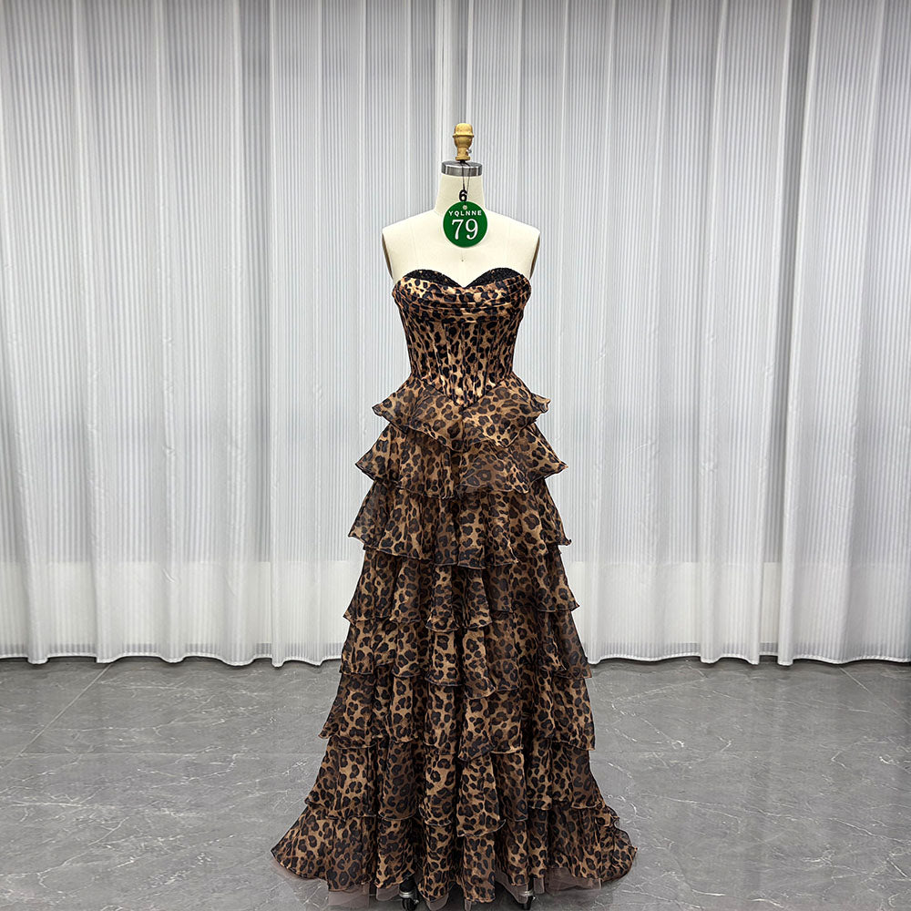 YQLNNE 079 Leopard Print Strapless Long Prom Dresses With Slit