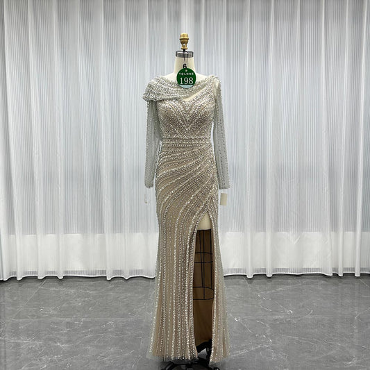 YQLNNE 0198 Silver Nude Crystals Evening Dresses Long Sleeves Gowns