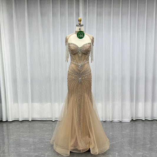 YQLNNE 0195 Luxury Gold Crystals Evening Party Gown With Necklace