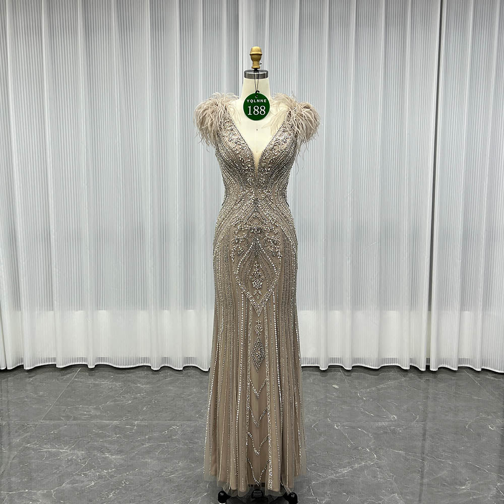 YQLNNE 0188 Luxury Mocha Feathers Crystals Evening Dress