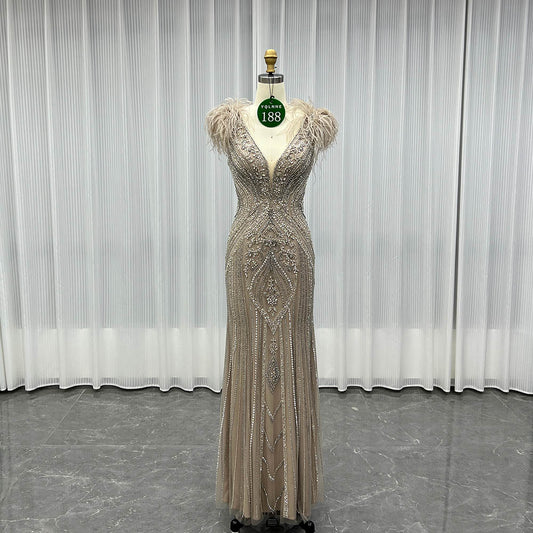 YQLNNE 0188 Luxury Mocha Feathers Crystals Evening Dress