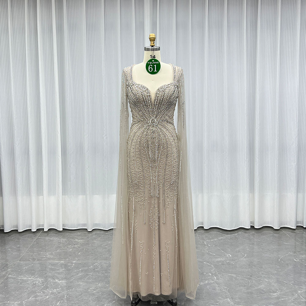 YQLNNE 061 Mocha Long Cap Sleeves Evening Dress With Handmade Crystals