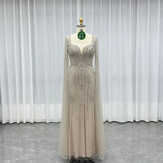 YQLNNE 061 Mocha Long Cap Sleeves Evening Dress With Handmade Crystals