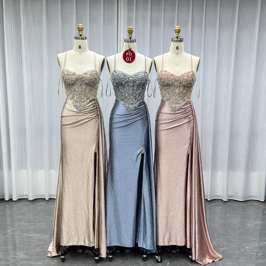 YQLNNE PD01 Champagne Straps Crystals Long Prom Dresses Lace-up Back