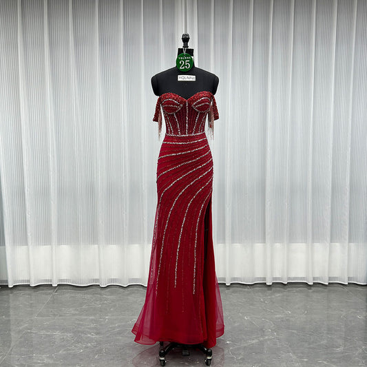 YQLNNE 025 Red Off Shoulder Crystals Beaded Prom Dress Long Evening Gown