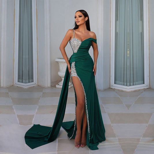 YQLNNE Fashion Emerald Green Rhinestones Evening Dress Long High Slit Corset