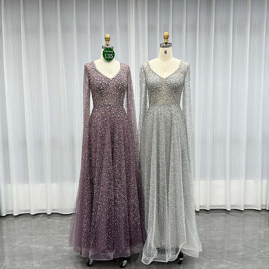 YQLNNE 0135 Sparkly Silver Crystals Evening Dresses Cape Sleeves Long Aline Formal Women Party Gown