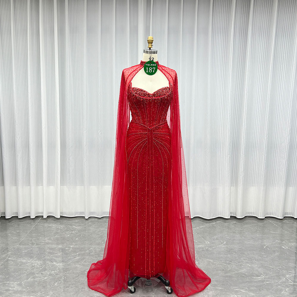 YQLNNE 0187 Red Cap Sleeves Evening Dress Crystals Beaded Luxury Gown
