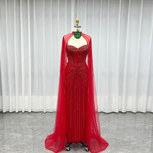 YQLNNE 0187 Red Cap Sleeves Evening Dress Crystals Beaded Luxury Gown