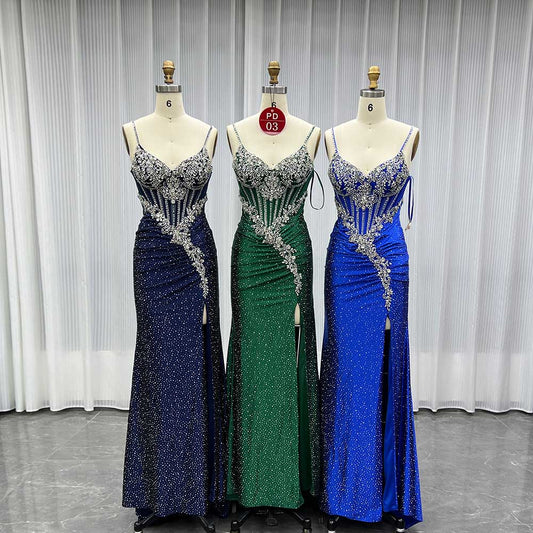 YQLNNE PD03 Navy Crystals Long Prom Dresses Satin Straps