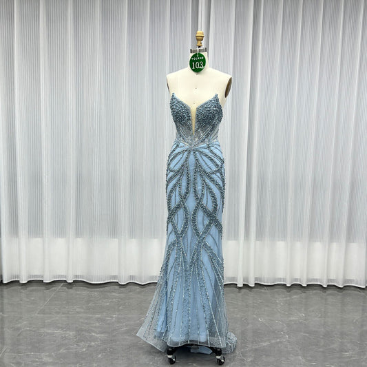 YQLNNE 0103 Blue Strapless Crystals Pearls Prom Dress Long Party Gown