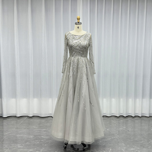 YQLNNE Modest Dark Green Long Sleeves Evening Dress Handmade Beaded