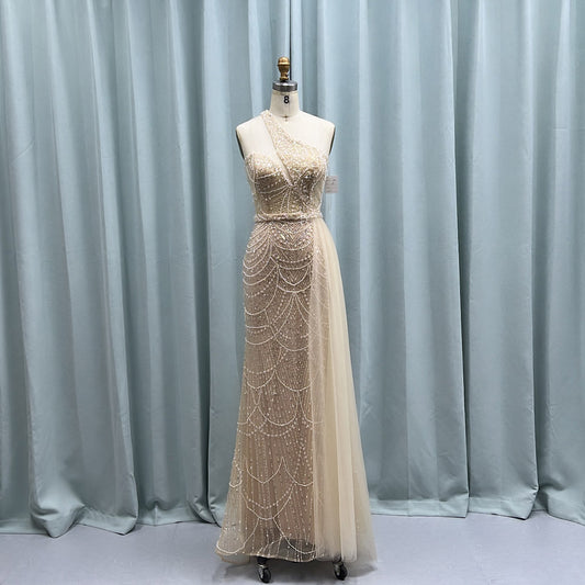 YQLNNE 0304 One Shoulder Nude Beaded Evening Party Gown Mermaid With Side Skirt