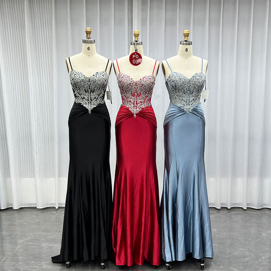 YQLNNE PD02 Red Satin Spaghetti Long Prom Dresses Mermaid