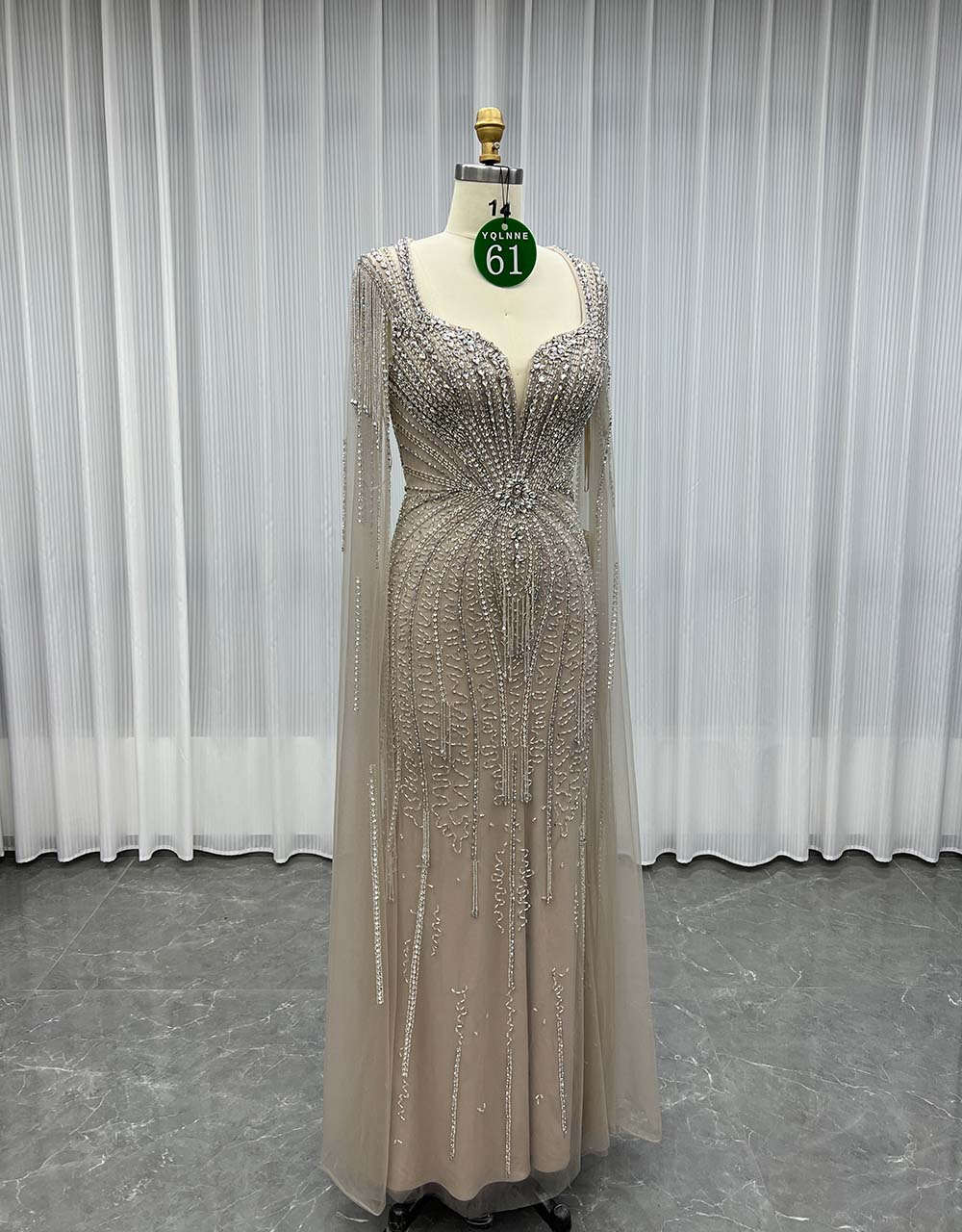 YQLNNE 061 Mocha Long Cap Sleeves Evening Dress With Handmade Crystals