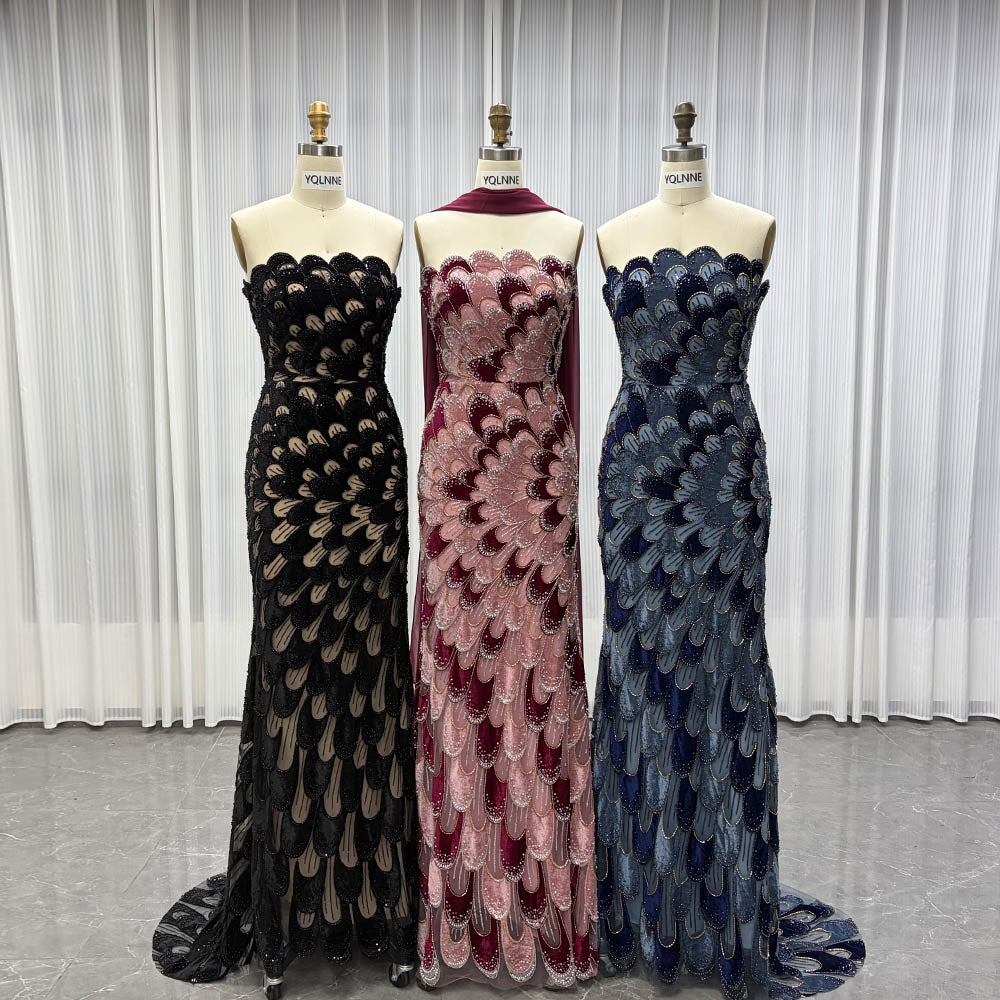 YQLNNE YQ7006 Modest Black Beaded Evening Dress With Scarf
