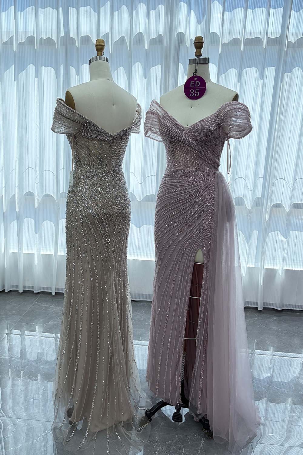 YQLNNE ED035 Off Shoulder Handmade Beaded Evening Dress Mermaid With Slit