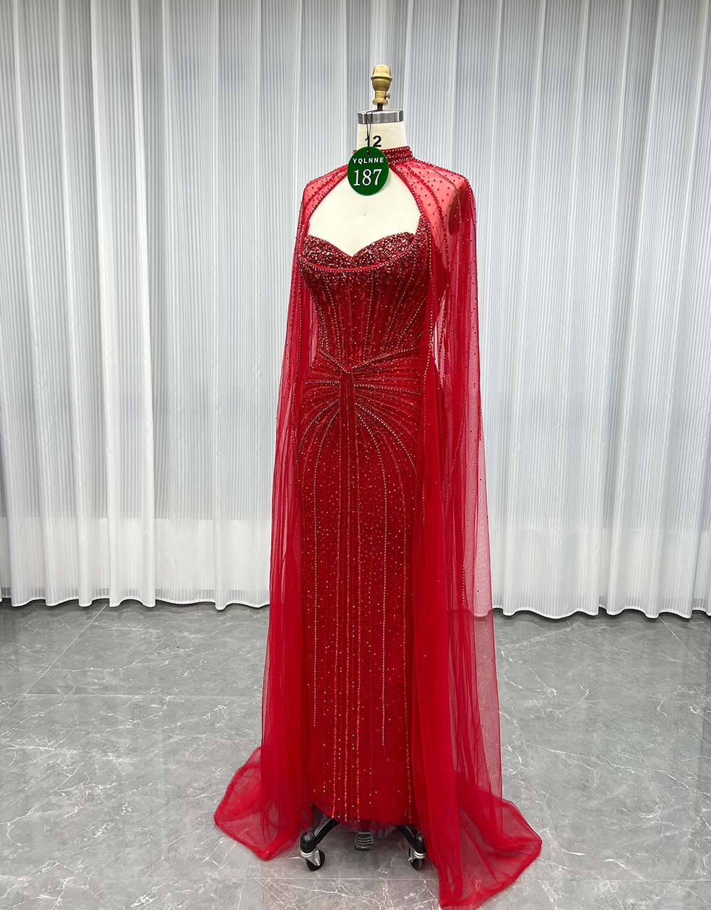 YQLNNE 0187 Red Cap Sleeves Evening Dress Crystals Beaded Luxury Gown
