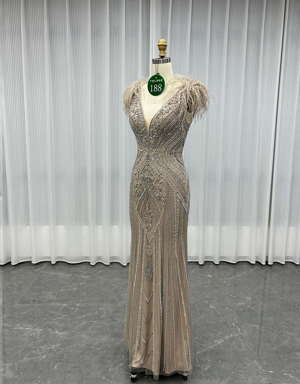 YQLNNE 0188 Luxury Mocha Feathers Crystals Evening Dress