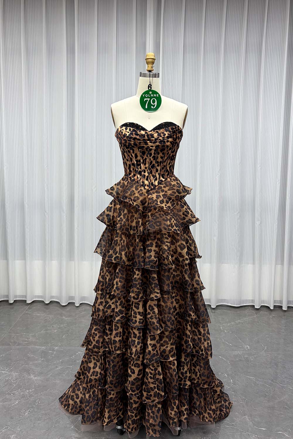 YQLNNE 079 Leopard Print Strapless Long Prom Dresses With Slit