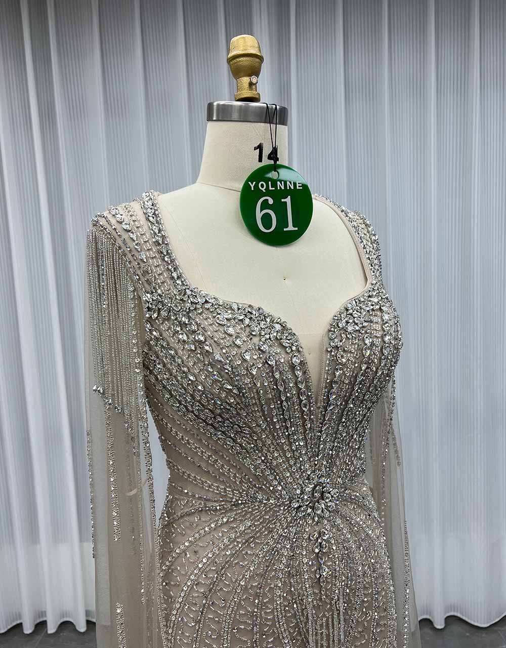 YQLNNE 061 Mocha Long Cap Sleeves Evening Dress With Handmade Crystals