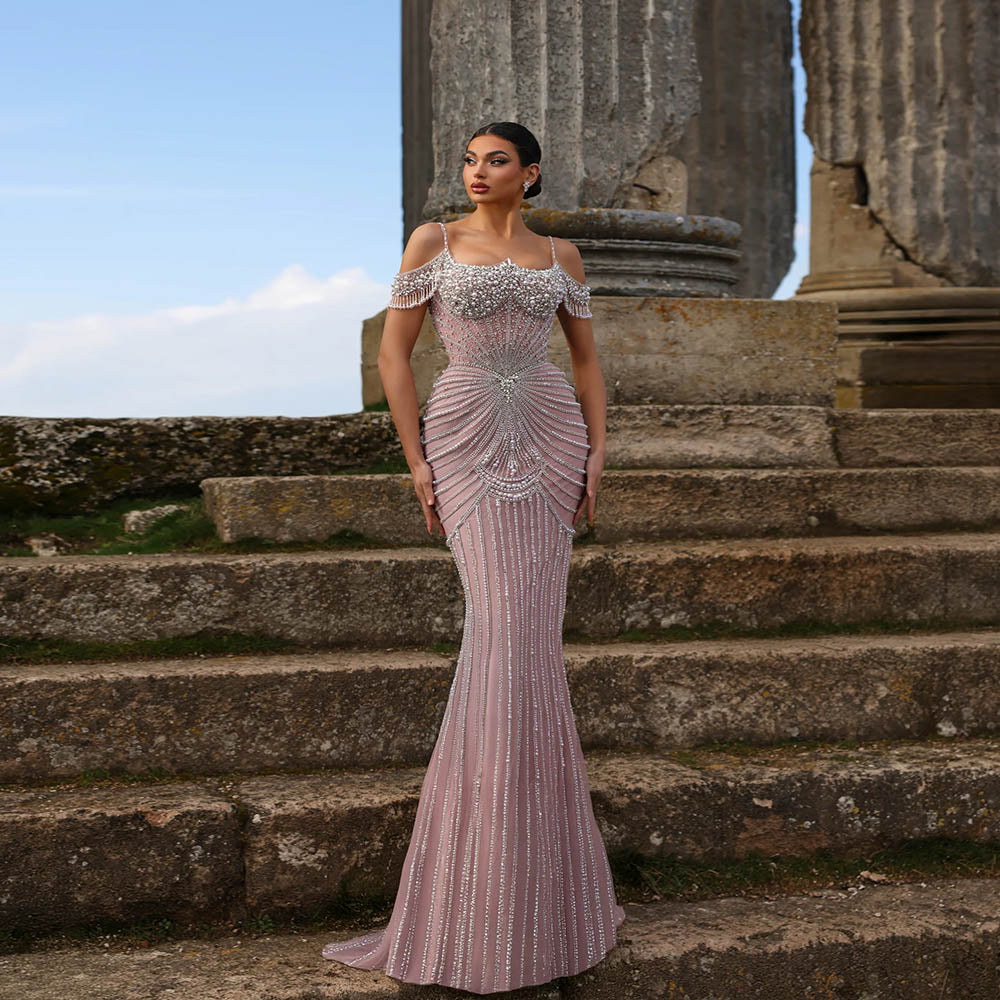 YQLNNE Pink Handmade Crystals Pearls Evening Dress Mermaid