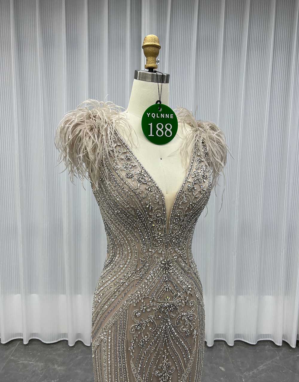 YQLNNE 0188 Luxury Mocha Feathers Crystals Evening Dress