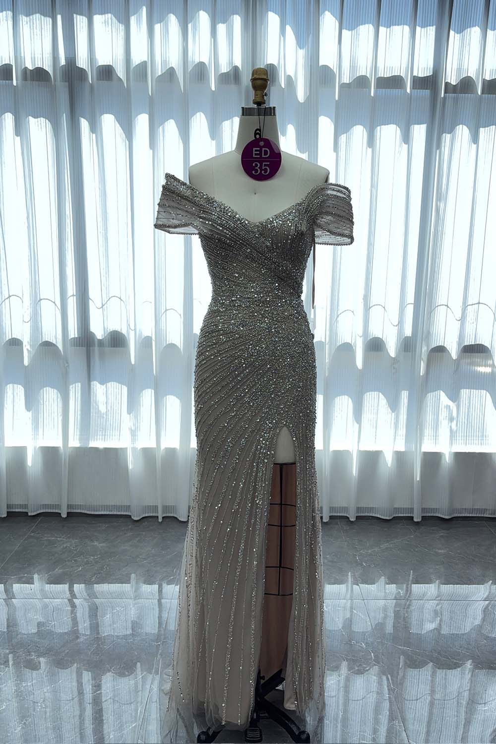 YQLNNE ED035 Off Shoulder Handmade Beaded Evening Dress Mermaid With Slit