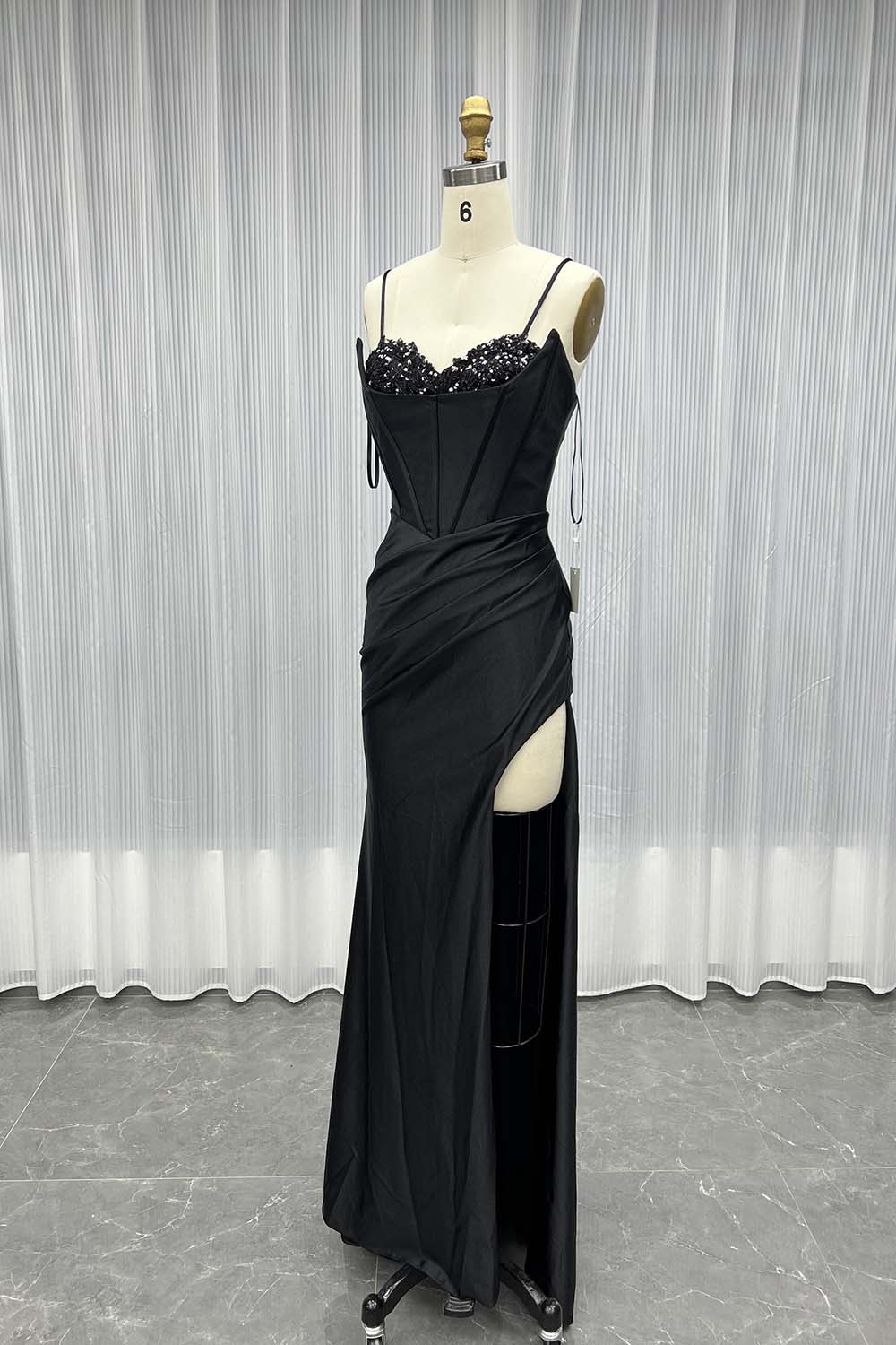 Unique Black Satin Slit Long Prom Dresses Strapless Lace-up Formal Party Dress