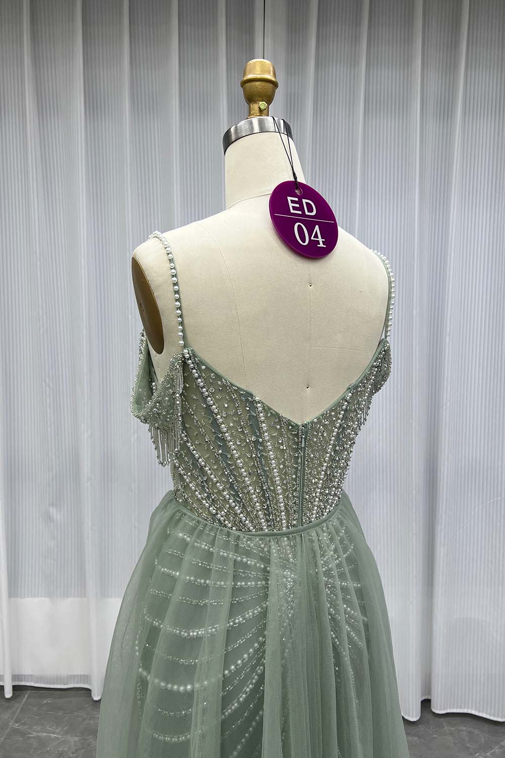 YQLNNE ED04 Sage Green Crystals Beaded Evening Dress With Removable Train