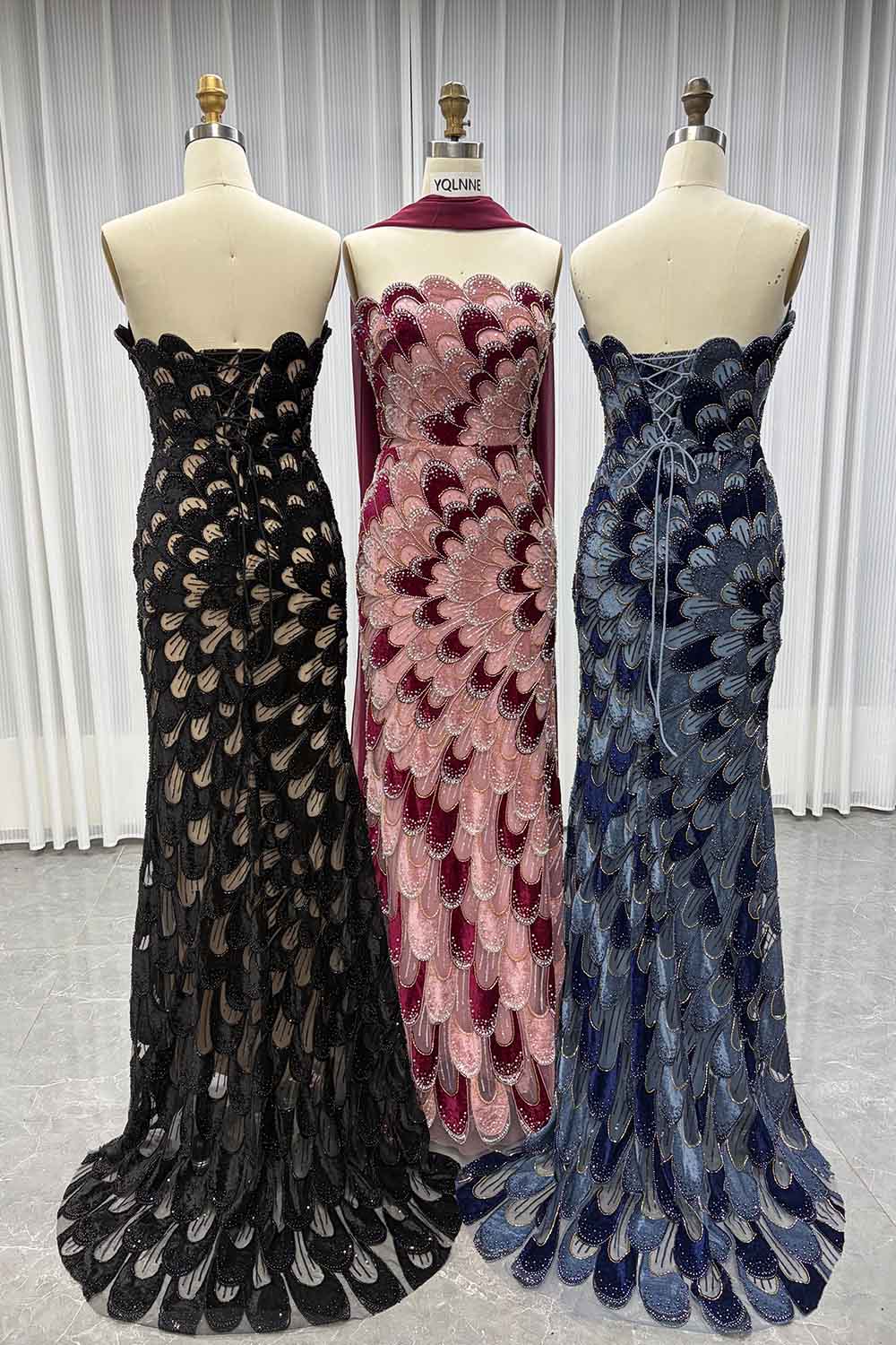 YQLNNE YQ7006 Modest Black Beaded Evening Dress With Scarf