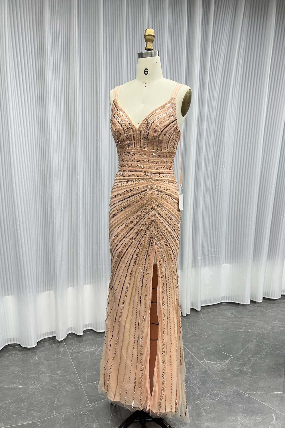 Sexy Gold Beaded High Slit Evening Dress Long Mermaid Formal Party Gown