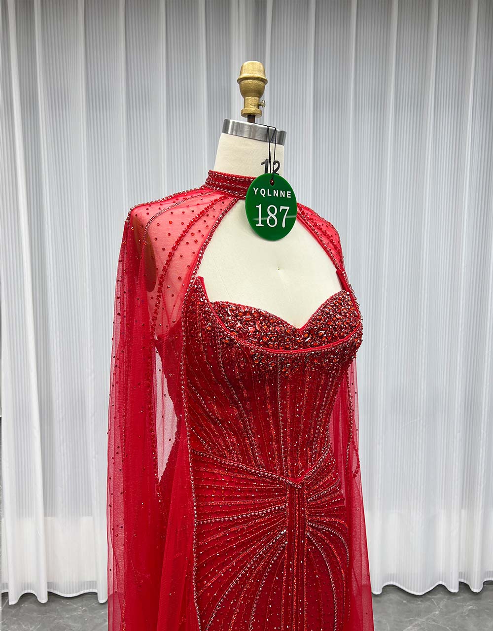 YQLNNE 0187 Red Cap Sleeves Evening Dress Crystals Beaded Luxury Gown